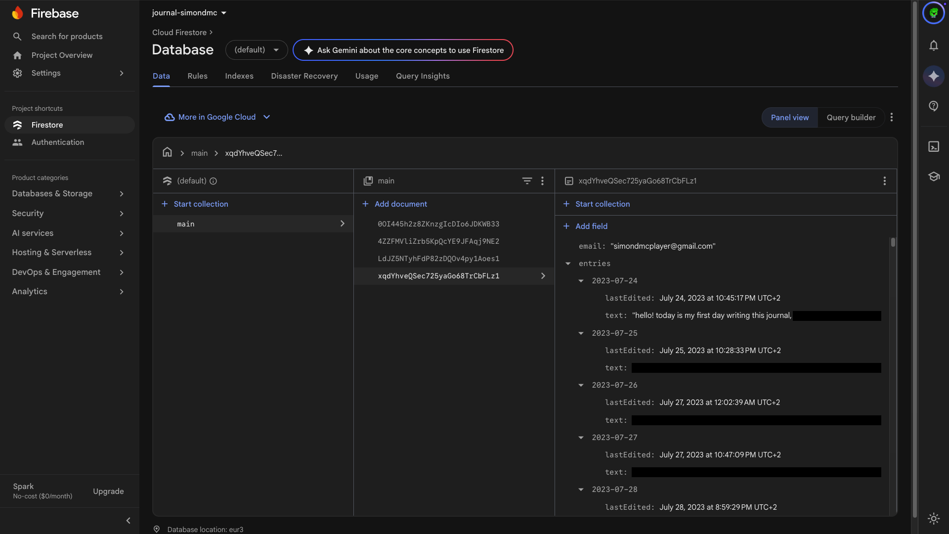 A screenshot of the Firebase Firestore console, showing all the entries in plain text