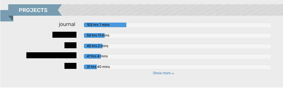 A screenshot of the Wakatime dashboard showing the time spent on each project in 2025